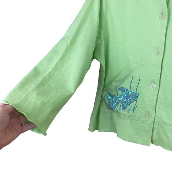 Cotton Connection Blue Aqua Chartreuse Sequined Fish Button up Hoodie - Picture 5 of 6